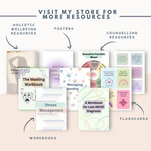 Pu&ograve; includere: Una raccolta di risorse per il benessere olistico, tra cui quaderni di lavoro, poster e flashcard. L'immagine presenta titoli come "The Masking Workbook", "Stress Management" e "A Workbook for Late ADHD Diagnosis". Il testo in alto recita "Visita il mio negozio per maggiori risorse."