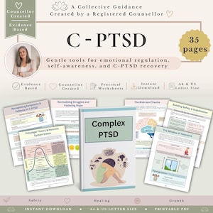 May include: A 35-page digital workbook titled Complex PTSD featuring evidence-based tools for emotional regulation. The set includes worksheets on polyvagal theory, trauma, and safety, presented in A4 and US Letter sizes for instant download.