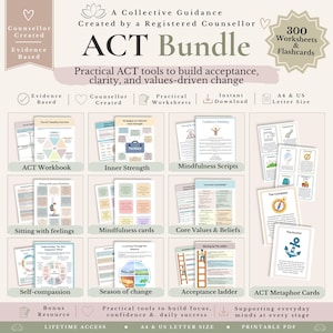 Puede incluir: Un paquete digital de 300 hojas de trabajo y tarjetas didácticas ACT con el texto ACT Bundle, Practical ACT tools to build acceptance, clarity, and values-driven change. Incluye secciones para libros de trabajo, guiones de mindfulness y tarjetas.