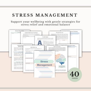 May include: A collection of Stress Management worksheets featuring text, charts, and a brain illustration. The cover page displays the title Stress Management with horizontal arrows. A circular badge in the corner indicates 40 PAGES.