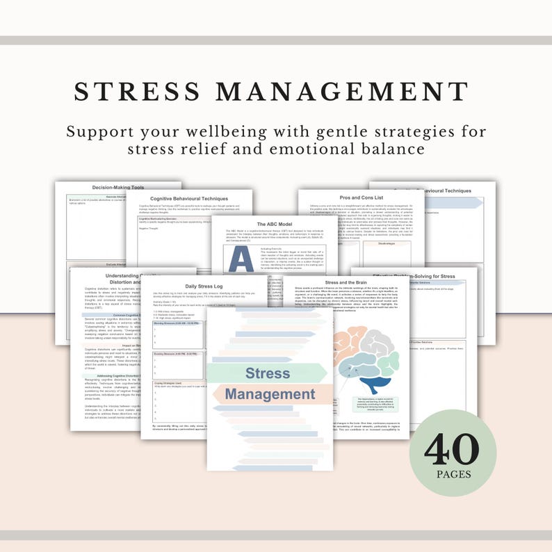 May include: A collection of Stress Management worksheets featuring text, charts, and a brain illustration. The cover page displays the title Stress Management with horizontal arrows. A circular badge in the corner indicates 40 PAGES.