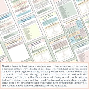 以下が含まれることがあります： 「Core Beliefs That Feed Negative Thinking」や「Branches - Automatic Negative Thoughts (ANTs)」などのタイトルが付いたワークシートのコレクション。各シートには木のグラフィックと自己反省のためのプロンプトが含まれています。