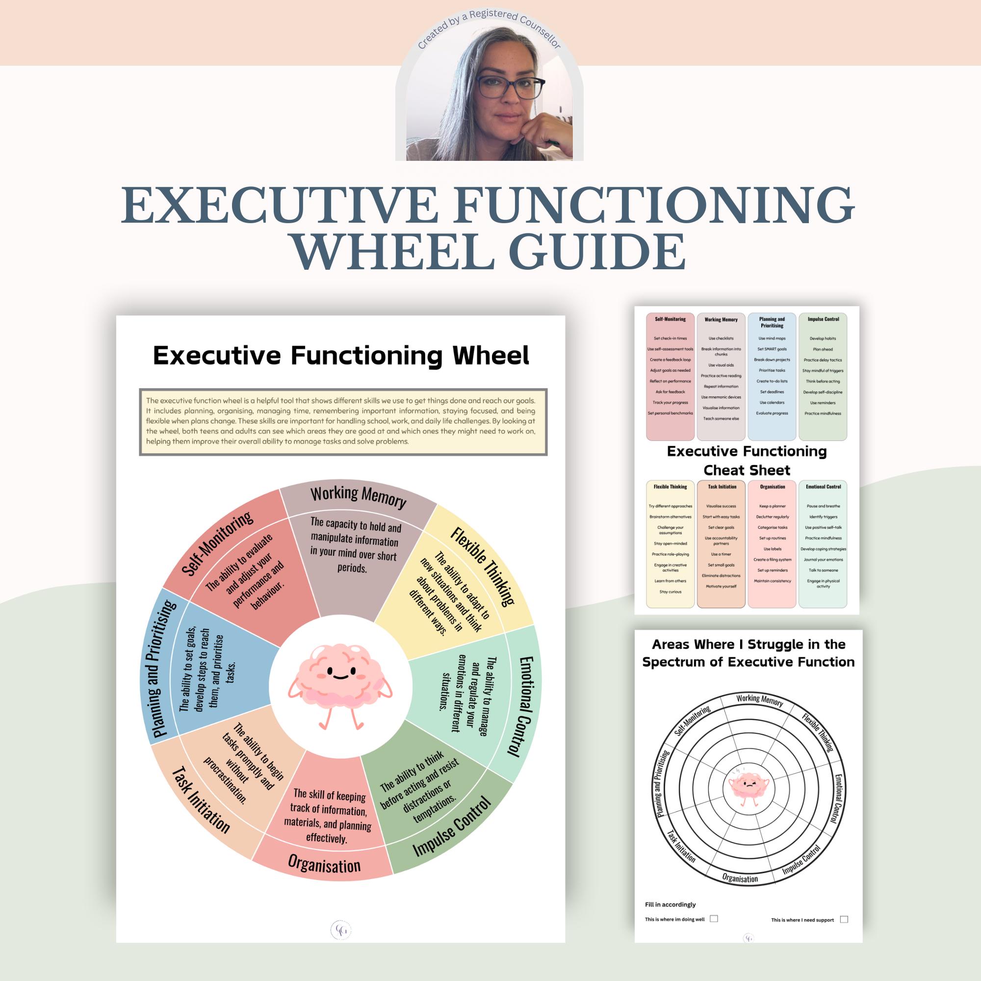 Executive Function Wheel Cheat Sheet for Adults & Teens, ADHD Worksheets, Executive Dysfunction Tools