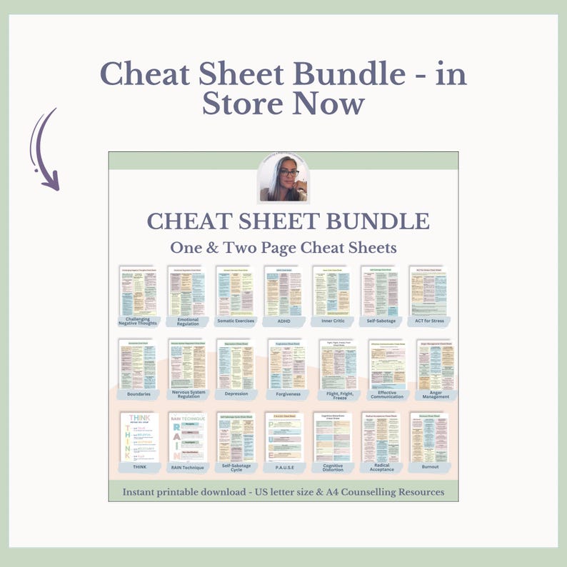 May include: A collection of printable cheat sheets covering topics such as "Challenging Negative Thoughts" and "Emotional Regulation." The image displays the text "Cheat Sheet Bundle - in Store Now" and "One & Two Page Cheat Sheets."