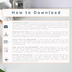 May include: A how-to guide with illustrations explaining how to download digital files from Etsy. The guide includes steps for confirming email, downloading files, unzipping files, viewing and using worksheets, and contacting for assistance.