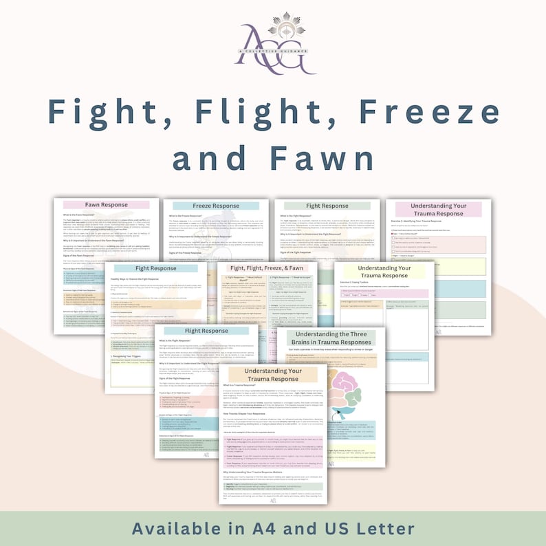 May include: A collection of educational worksheets titled Fight, Flight, Freeze and Fawn. The documents feature headers for each response type, checklists, and diagrams explaining trauma responses. The pages are available in A4 and US Letter sizes.