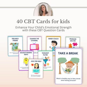 May include: A set of 40 CBT cards for kids featuring colourful illustrations and text prompts. The cards include titles like Feelings Finder, Change the Channel, Inner Coach, Problem Solver, Brainstorming Ideas, Thought Filter, Ask for Help, and Take a Break.