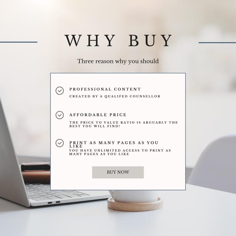 May include: A digital marketing graphic with the text "WHY BUY" and three reasons: professional content, affordable price, and unlimited printing. A laptop and a coffee cup are in the background.