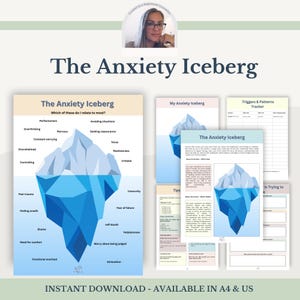 May include: A digital download titled "The Anxiety Iceberg" with a blue iceberg graphic. The image includes worksheets with the iceberg graphic and text about anxiety triggers and patterns. The text reads "Instant Download - Available in A4 & US."