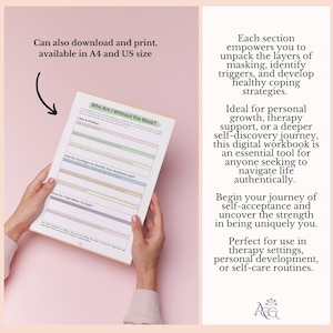 May include: A digital workbook page titled Who Am I Without the Mask? featuring sections for Likes & Dislikes, How Do You Begin to Identify Your Authentic Self?, and How Do I Feel When I'm Safe? with pastel-colored borders on a light pink background.