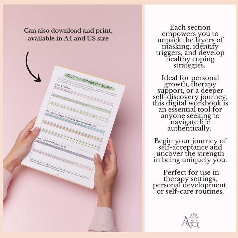 May include: A digital workbook page titled Who Am I Without the Mask? featuring sections for Likes & Dislikes, How Do You Begin to Identify Your Authentic Self?, and How Do I Feel When I'm Safe? with pastel-colored borders on a light pink background.