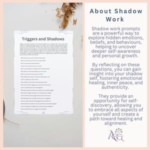 May include: A printable worksheet titled "Triggers and Shadows" with a list of questions to help explore hidden emotions and behaviors. The worksheet is on a white background with black text. The text on the right side of the image reads "About Shadow Work" and explains how shadow work can help uncover deeper self-awareness and personal growth.