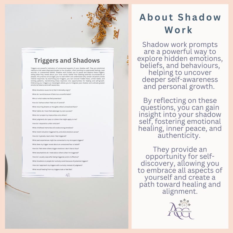 May include: A printable worksheet titled "Triggers and Shadows" with a list of questions to help explore hidden emotions and behaviors. The worksheet is on a white background with black text. The text on the right side of the image reads "About Shadow Work" and explains how shadow work can help uncover deeper self-awareness and personal growth.