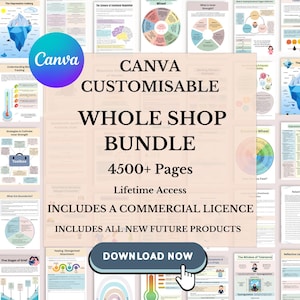 May include: A digital product bundle advertisement featuring the Canva logo and the text "CANVA CUSTOMISABLE WHOLE SHOP BUNDLE." The image includes various colorful infographics and the text "4500+ Pages" and "Lifetime Access."