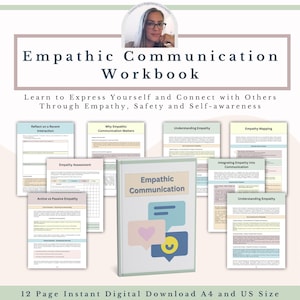Könnte beinhalten: Ein digitales Arbeitsbuch mit dem Titel "Empathic Communication Workbook". Das Cover zeigt Sprechblasen mit einem Herz und einem Häkchen. Das Arbeitsbuch enthält Seiten zu Empathie, Selbstbewusstsein und Kommunikation. Der Text lautet "Lernen Sie, sich auszudrücken und sich mit anderen zu verbinden."