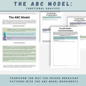 Pode incluir: Um conjunto de quatro folhas de trabalho imprimíveis com o título "O Modelo ABC: Análise Funcional". As folhas de trabalho são projetadas para ajudar as pessoas a entender e decodificar padrões de comportamento.