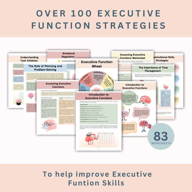 Pu&ograve; includere: Una raccolta di fogli di lavoro e guide con il testo "OVER 100 EXECUTIVE FUNCTION STRATEGIES" e "To help improve Executive Function Skills". I fogli di lavoro trattano argomenti come l'avvio dei compiti, la pianificazione e la gestione del tempo. Include 83 fogli di lavoro.