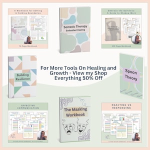 Pu&ograve; includere: Raccolta di quaderni di lavoro con titoli come "Boundaries", "Somatic Therapy" e "Building Resilience". Le copertine presentano colori pastello e grafiche semplici. &Egrave; visibile anche il testo "For More Tools On Healing and Growth - View my Shop Everything 50% Off".