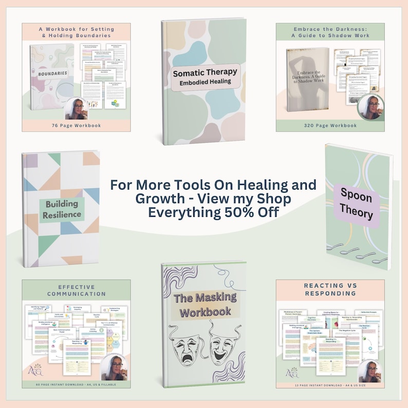 Pu&ograve; includere: Raccolta di quaderni di lavoro con titoli come "Boundaries", "Somatic Therapy" e "Building Resilience". Le copertine presentano colori pastello e grafiche semplici. &Egrave; visibile anche il testo "For More Tools On Healing and Growth - View my Shop Everything 50% Off".