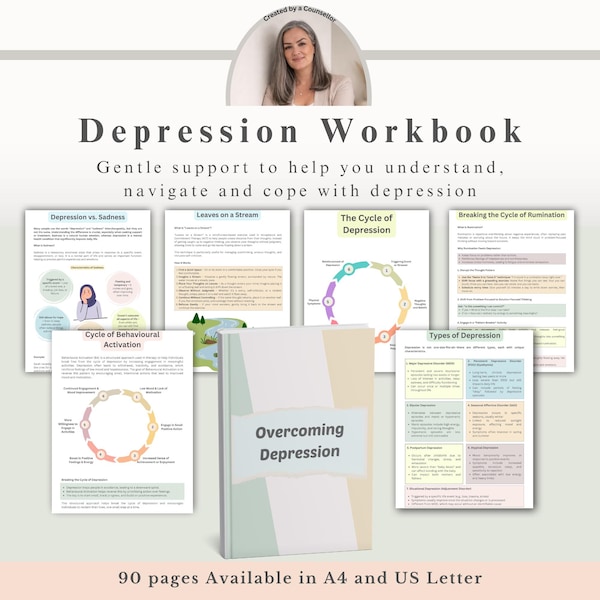 Cahier d'exercices PDF sur la dépression, guide sur la santé mentale avec feuilles de travail sur la TCC, suivi de l'humeur et capacités d'adaptation, ressource thérapeutique, imprimable