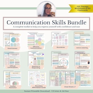 以下が含まれることがあります： コミュニケーションスキルバンドル、255枚のセラピーワークシートと60枚のフラッシュカード。バンドルには、自己主張、効果的なコミュニケーション、境界線、積極的なリスニングなどに関するガイドが含まれています。テキストは「インスタント印刷可能ダウンロード - USレター＆A4サイズ」と表示されています。
