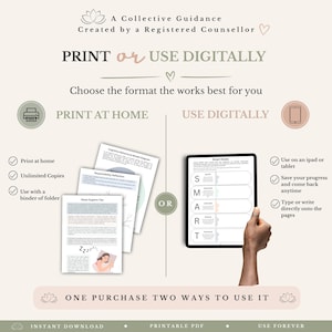 May include: A digital mental health resource guide titled A Collective Guidance Created by a Registered Counsellor. It displays options to print at home or use digitally on a tablet, featuring worksheets like Sleep Hygiene Tips and SMART Goals.