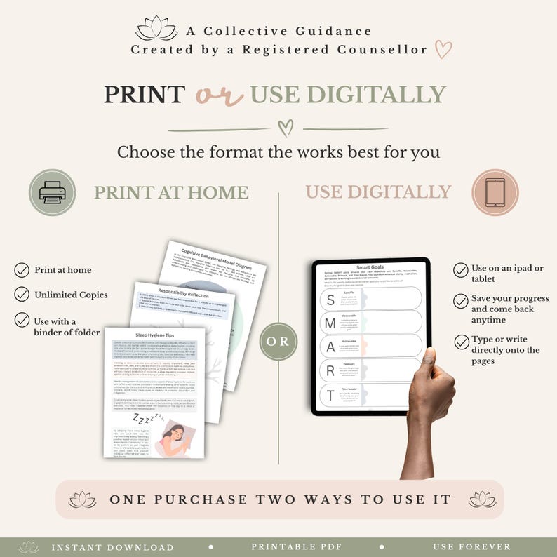 May include: A digital mental health resource guide titled A Collective Guidance Created by a Registered Counsellor. It displays options to print at home or use digitally on a tablet, featuring worksheets like Sleep Hygiene Tips and SMART Goals.