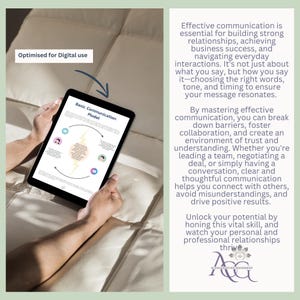May include: A digital tablet displaying a diagram of a basic communication model with arrows and text. The text on the tablet reads "Basic Communication Model". The tablet is being held by a person's hands. The text on the right side of the image reads "Effective communication is essential for building strong relationships, achieving business success, and navigating everyday interactions. It's not just about what you say, but how you say it - choosing the right words, tone, and timing to ensure your message resonates."