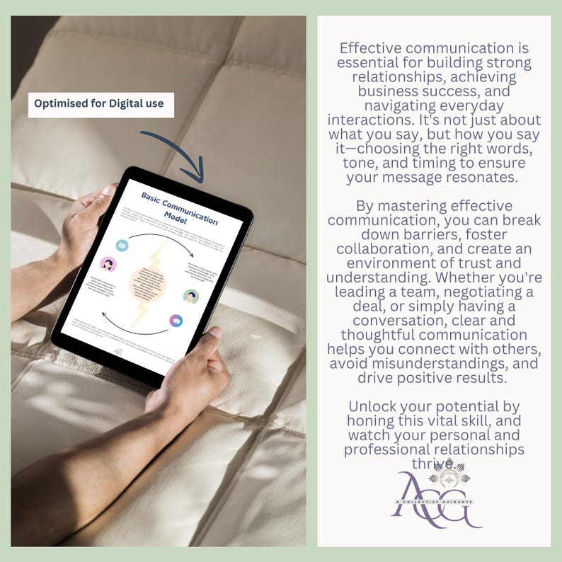 May include: A digital tablet displaying a diagram of a basic communication model with arrows and text. The text on the tablet reads "Basic Communication Model". The tablet is being held by a person's hands. The text on the right side of the image reads "Effective communication is essential for building strong relationships, achieving business success, and navigating everyday interactions. It's not just about what you say, but how you say it - choosing the right words, tone, and timing to ensure your message resonates."