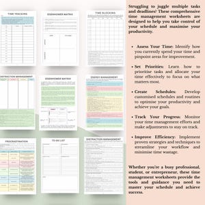Może przedstawiać: Kolekcja białych arkuszy do zarządzania czasem z czarnym tekstem i kolorowymi nagł&oacute;wkami. Strony zawierają tytuły takie jak Time Tracking, Eisenhower Matrix, Time Blocking, Energy Management, Distraction Management oraz To-Do List.