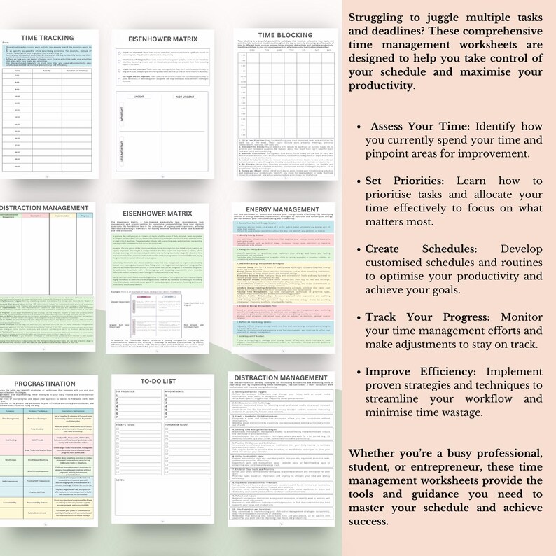 Może przedstawiać: Kolekcja białych arkuszy do zarządzania czasem z czarnym tekstem i kolorowymi nagł&oacute;wkami. Strony zawierają tytuły takie jak Time Tracking, Eisenhower Matrix, Time Blocking, Energy Management, Distraction Management oraz To-Do List.