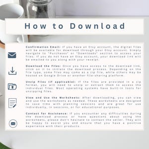 May include: A blue and white graphic with instructions on how to download digital files from Etsy. The graphic includes icons for email, a download arrow, a folder, and a pencil.