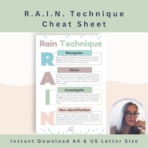 May include: A printable cheat sheet with a green and white background. The sheet features a pink, blue, and green acronym RAIN, which stands for Recognize, Allow, Investigate, and Non-identification. The acronym is used to describe a technique for managing difficult emotions. The sheet also includes a photo of a woman with glasses and a light blue shirt.