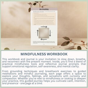 Może przedstawiać: Zeszyt ćwiczeń i dziennik mindfulness z zieloną i brązową okładką. Okładka zawiera schemat oddechu pudełkowego i tekst "Box Breathing" oraz "MINDFULNESS WORKBOOK".