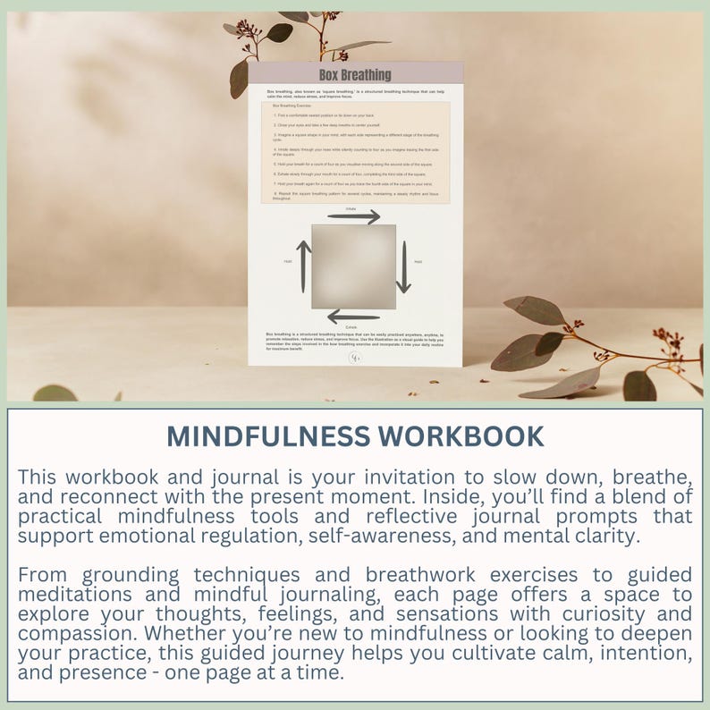 Może przedstawiać: Zeszyt ćwiczeń i dziennik mindfulness z zieloną i brązową okładką. Okładka zawiera schemat oddechu pudełkowego i tekst "Box Breathing" oraz "MINDFULNESS WORKBOOK".