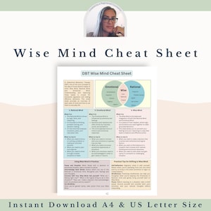 Könnte beinhalten: Ein druckbares "Wise Mind Cheat Sheet" mit dem Text "DBT Wise Mind Cheat Sheet" und einem Diagramm, das emotionale, rationale und weise Zustände veranschaulicht. Das Blatt enthält praktische Tipps und ist in A4- und US-Letter-Größe erhältlich.