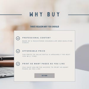 May include: A white box with a blue checkmark and text that reads "WHY BUY" in blue. The text below reads "THREE REASON WHY YOU SHOULD". The box lists three reasons to buy: "Professional Content", "Affordable Price", and "Print as Many Pages as You Like". A blue button at the bottom reads "BUY NOW".