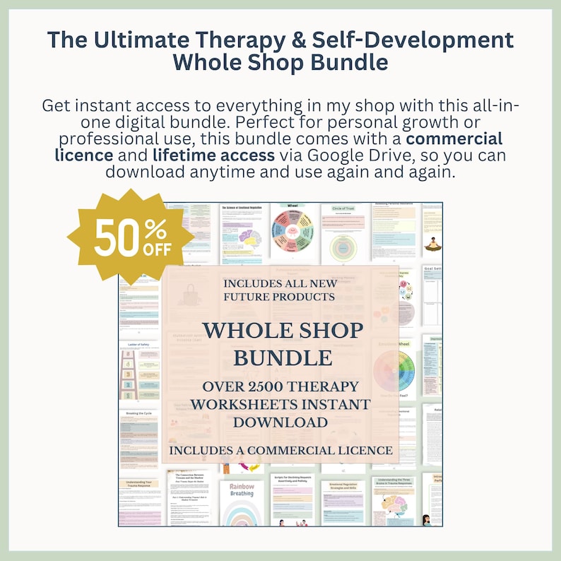 Pu&ograve; includere: Annuncio di un pacchetto digitale intitolato "The Ultimate Therapy & Self-Development Whole Shop Bundle". Presenta un badge di sconto del 50% ed elenca oltre 2500 fogli di lavoro di terapia. Il pacchetto include una licenza commerciale.