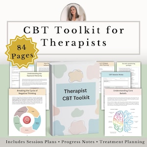Peut inclure: Un kit d'outils TCC pour thérapeutes comprenant 84 pages de plans de séance, notes de progression et planification de traitement. La couverture du livre central affiche le titre Therapist CBT Toolkit avec des formes abstraites pastel.