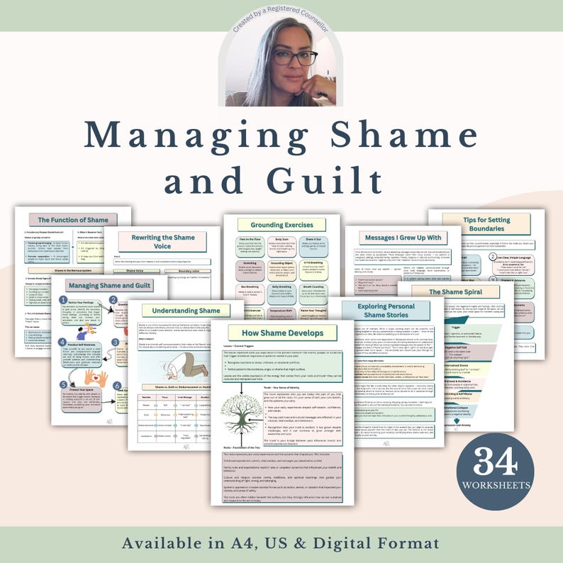 May include: A collection of 34 worksheets on the topic of managing shame and guilt. The worksheets cover topics such as grounding exercises, understanding shame, and exploring personal shame stories. The text "Managing Shame and Guilt" is displayed in large, dark blue letters.