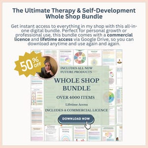 Pu&ograve; includere: Annuncio digitale per un pacchetto di terapia e auto-sviluppo. L'immagine presenta il testo "The Ultimate Therapy & Self-Development Whole Shop Bundle", un badge di sconto del 50% e un pulsante "Download Now". Il pacchetto include oltre 4000 articoli con accesso a vita.