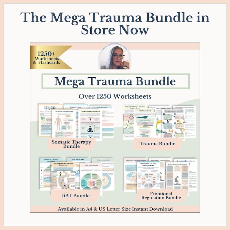 K&ouml;nnte beinhalten: Werbebild f&uuml;r das "Mega Trauma Bundle" mit &uuml;ber 1250 Arbeitsbl&auml;ttern und Karteikarten. Das Bild zeigt ein Foto einer Frau und zeigt vier Bundles: Somatische Therapie, Trauma, DBT und Emotionsregulierung. Erh&auml;ltlich in A4 & US Letter.
