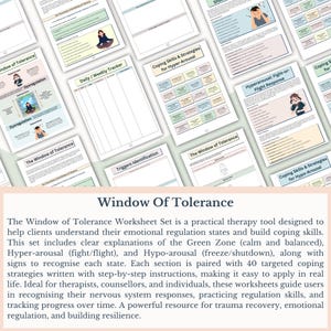 K&ouml;nnte beinhalten: Eine Sammlung von druckbaren Arbeitsbl&auml;ttern mit dem Titel "Window of Tolerance". Die Seiten zeigen Diagramme, Grafiken und Texte zur Erkl&auml;rung von Emotionsregulation, Bew&auml;ltigungsstrategien und der Identifizierung von Ausl&ouml;sern. F&uuml;r Therapie und Selbsthilfe.