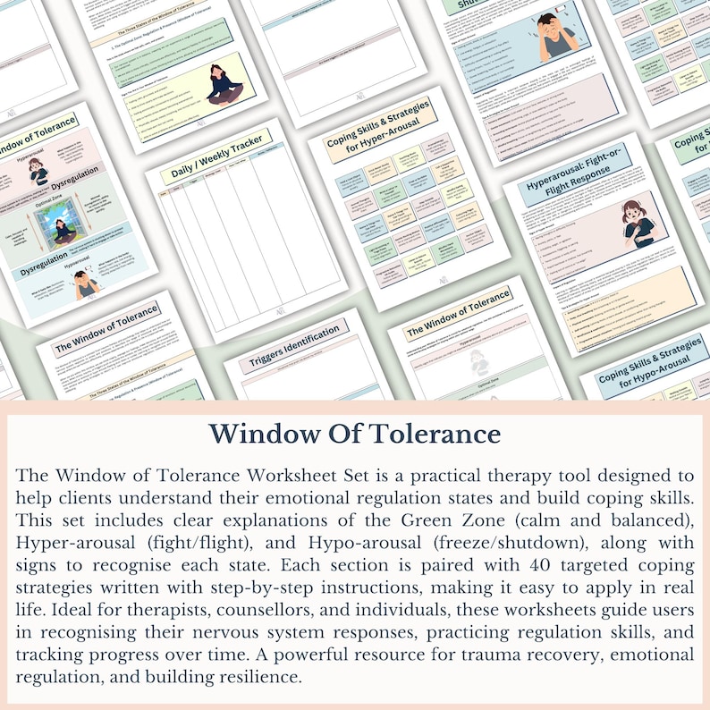 K&ouml;nnte beinhalten: Eine Sammlung von druckbaren Arbeitsbl&auml;ttern mit dem Titel "Window of Tolerance". Die Seiten zeigen Diagramme, Grafiken und Texte zur Erkl&auml;rung von Emotionsregulation, Bew&auml;ltigungsstrategien und der Identifizierung von Ausl&ouml;sern. F&uuml;r Therapie und Selbsthilfe.