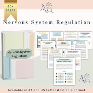 May include: A digital workbook titled Nervous System Regulation with 80+ pages, featuring a soft-colored cover and multiple internal document pages covering topics like the Polyvagal Ladder, grounding techniques, and trauma effects in A4 and US Letter.