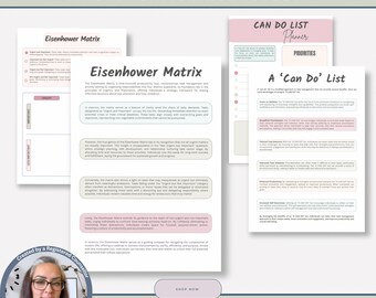 May include: A pink and white printable worksheet with the title "Task Management and Prioritization Worksheet". The worksheet features two sections: "Eisenhower Matrix" and "Can Do List Planner". The Eisenhower Matrix is a time management tool that helps prioritize tasks based on urgency and importance. The Can Do List Planner is a list of tasks that can be completed in a timely manner.
