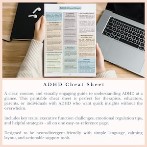 May include: A person holding an ADHD Cheat Sheet, with a laptop and notebook visible. The sheet provides guidance on ADHD, covering time management, organisation, emotional regulation, and self-care. The text reads "ADHD Cheat Sheet".