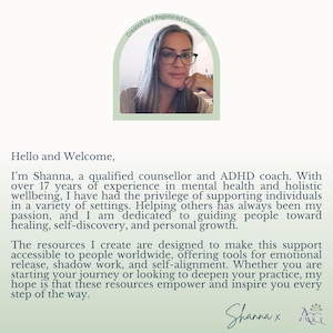 Pu&ograve; includere: Immagine con un ritratto di una donna con gli occhiali, con il testo "Created by a Registered Counsellor". Il testo sottostante presenta Shanna, una consulente qualificata e coach ADHD, e descrive la sua esperienza e i suoi servizi.