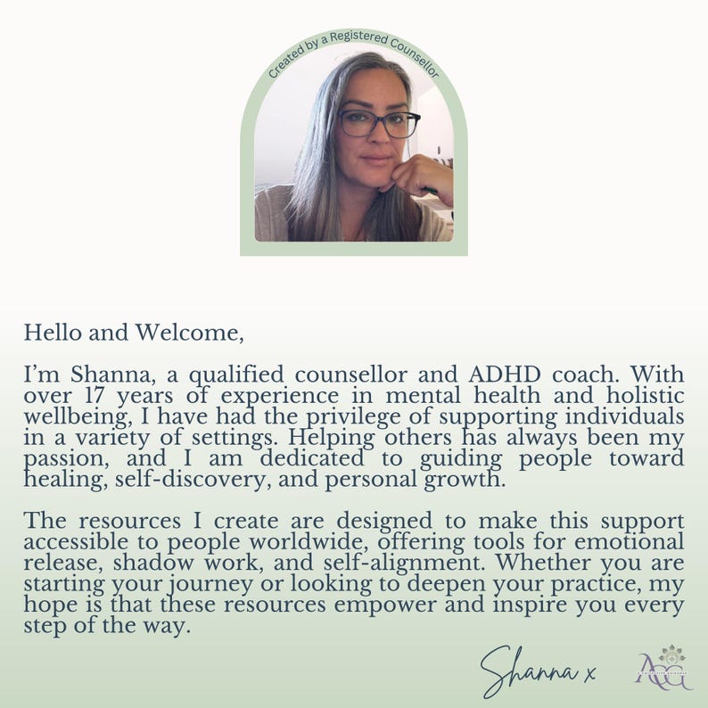 Pu&ograve; includere: Immagine con un ritratto di una donna con gli occhiali, con il testo "Created by a Registered Counsellor". Il testo sottostante presenta Shanna, una consulente qualificata e coach ADHD, e descrive la sua esperienza e i suoi servizi.