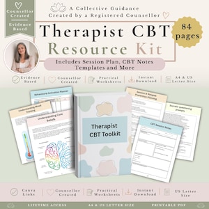 Op de afbeelding: Een therapeut CBT-bronnenkit met 84 pagina's aan printbare werkbladen, sessieplannen en notitiesjablonen. De kit bevat een centraal handboek met een pastelkleurig abstract patroon en diverse documentpagina's met CBT-hulpmiddelen.